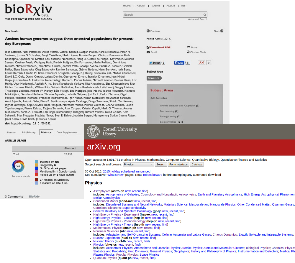 arXiv y bioRchiv son servicios de artículos preprints de referencia en los sectores de la física y las ciencias de la vida, respectivamente.